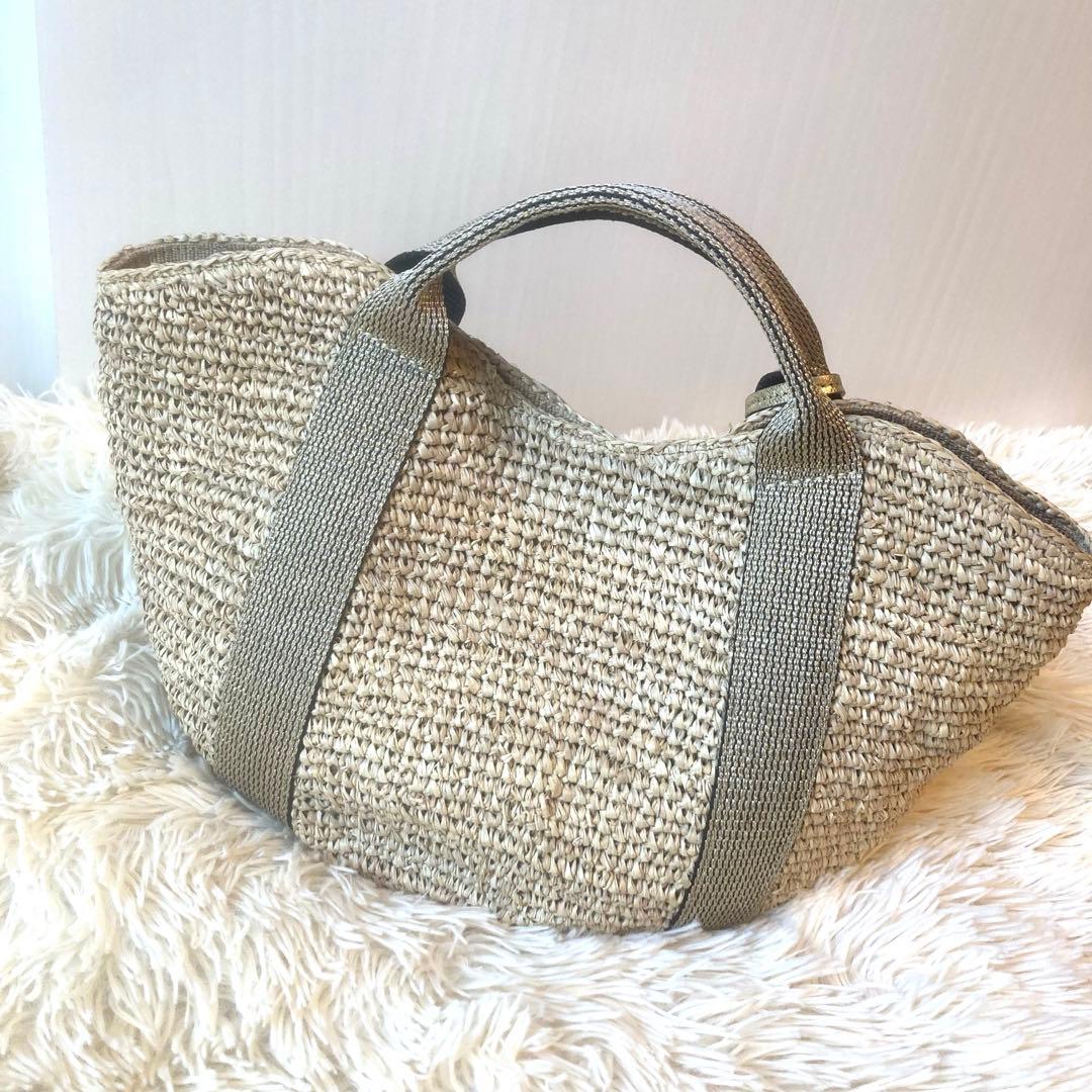 美品　VIOLAd'ORO ヴィオラドーロ　ラフィア　カゴバッグ　革　天然素材