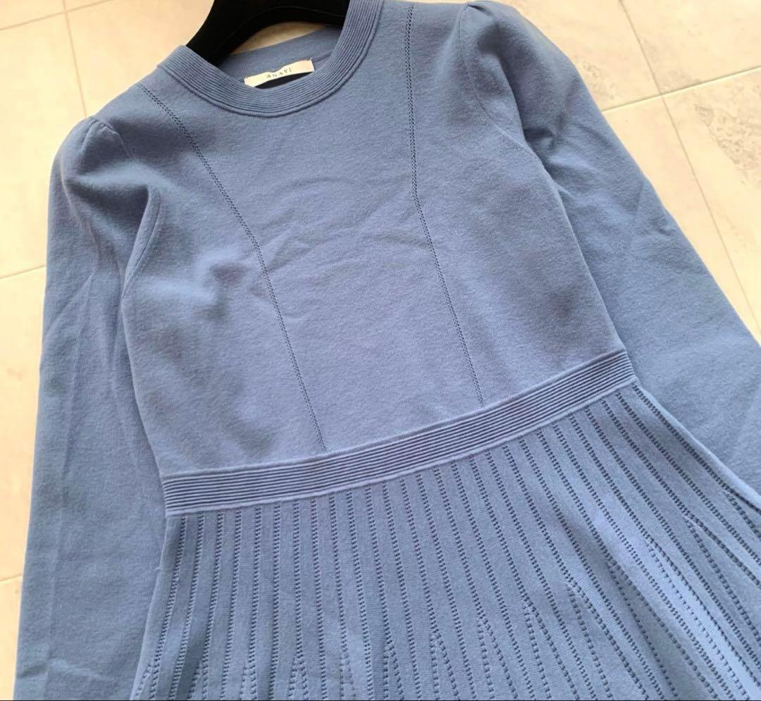 美品　アナイ アイレットスムース ワンピース ニット ブルー 36
