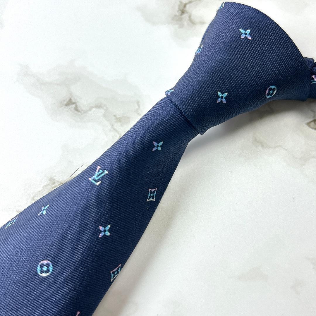 美品　ルイヴィトン　ネクタイ　マルチモノグラム　ビジネス　現行　肉厚　ネイビー