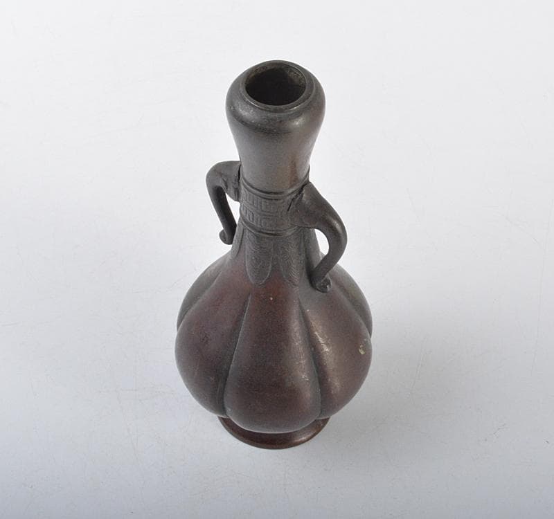 中国　古銅宣徳銅　饕餮文瓜稜蕾口瓶　V　R4319