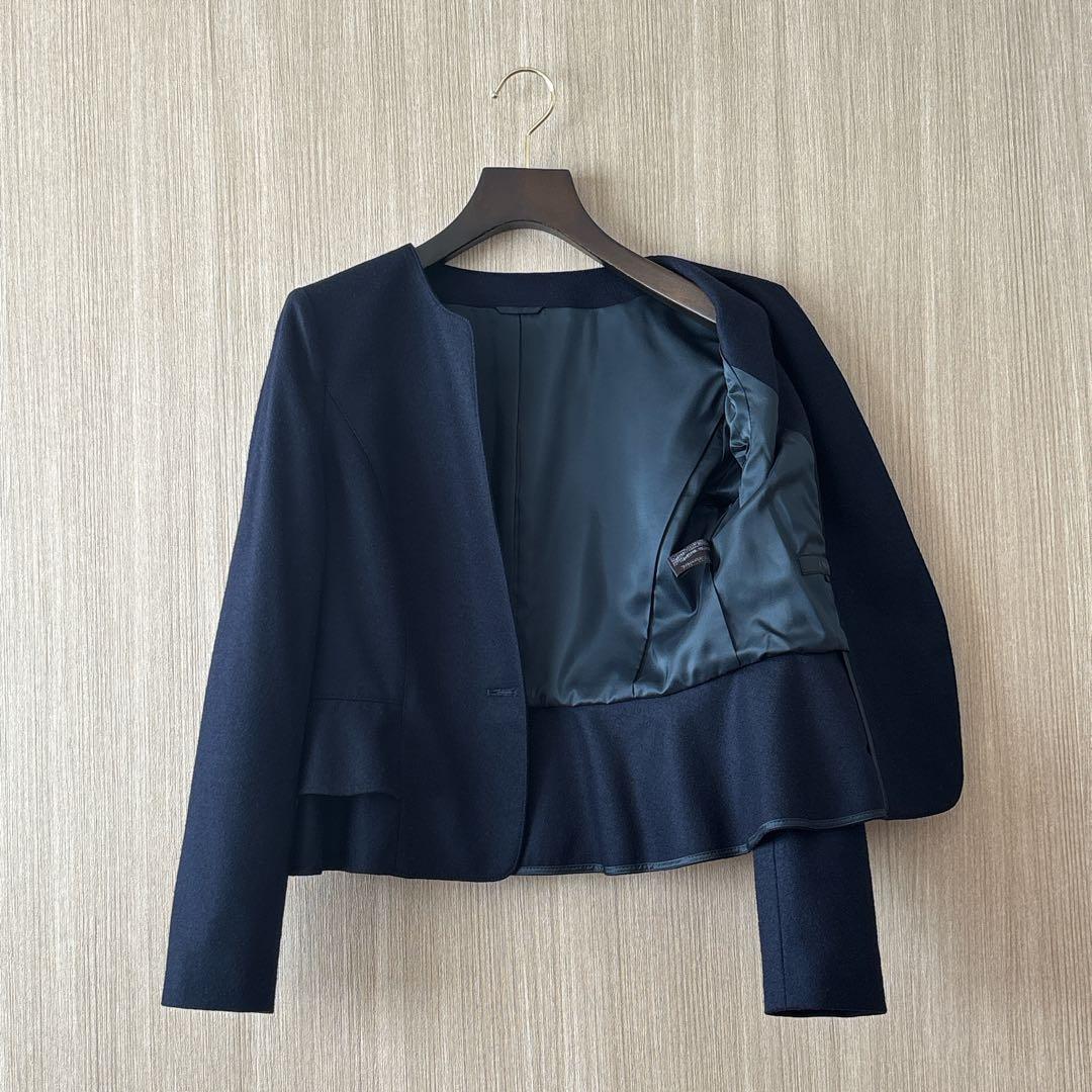 【1038】アナイ　ウールペプラムノーカラージャケット　濃紺　38