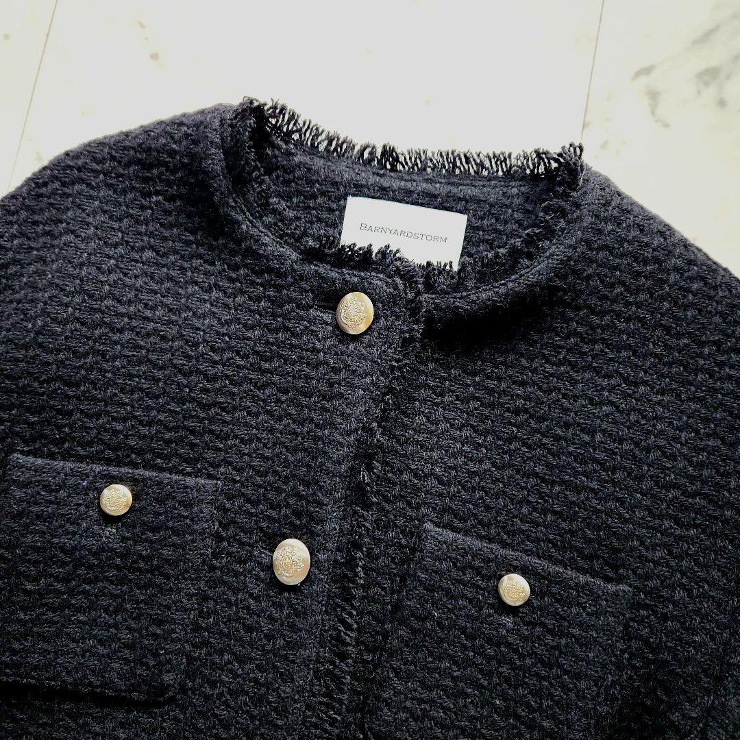 美品 定価3万 バンヤードストーム ノーカラージャケット 黒 ツイード ゆったり