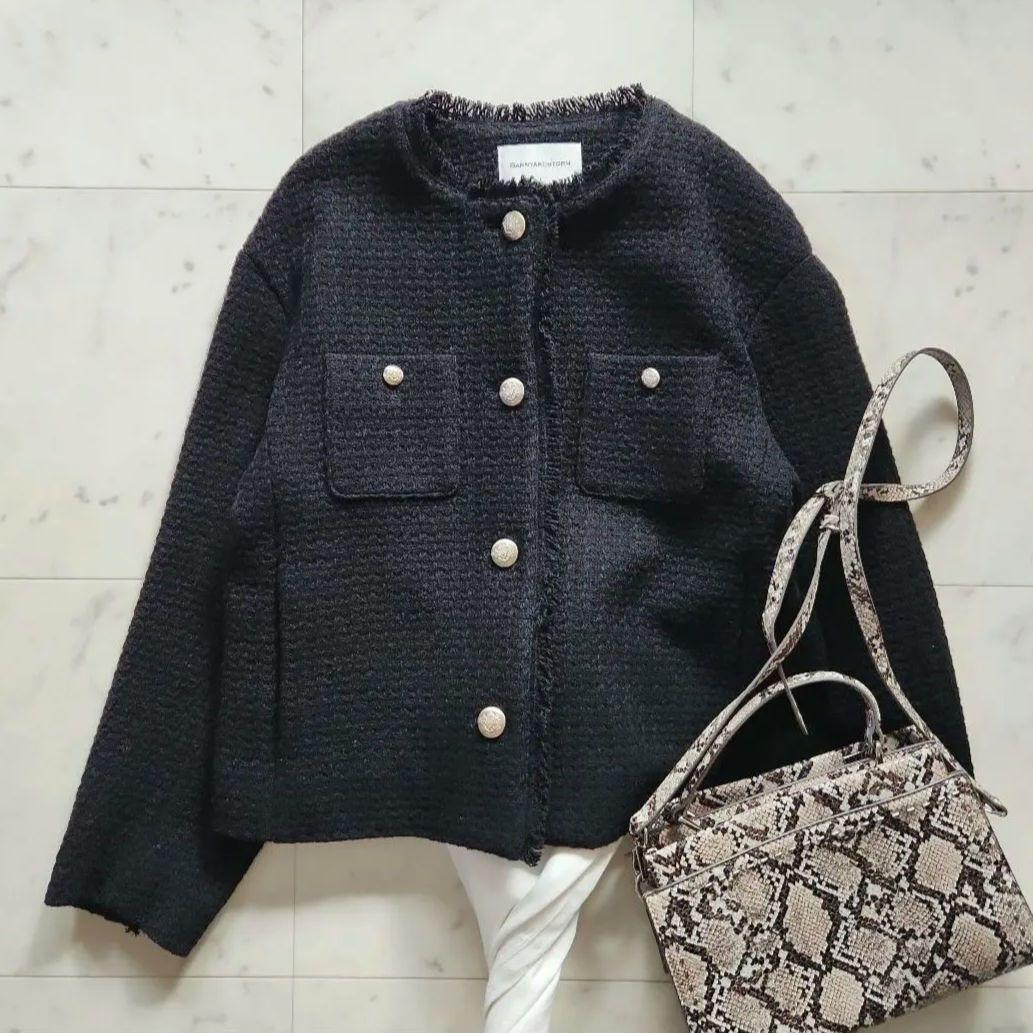 美品 定価3万 バンヤードストーム ノーカラージャケット 黒 ツイード ゆったり