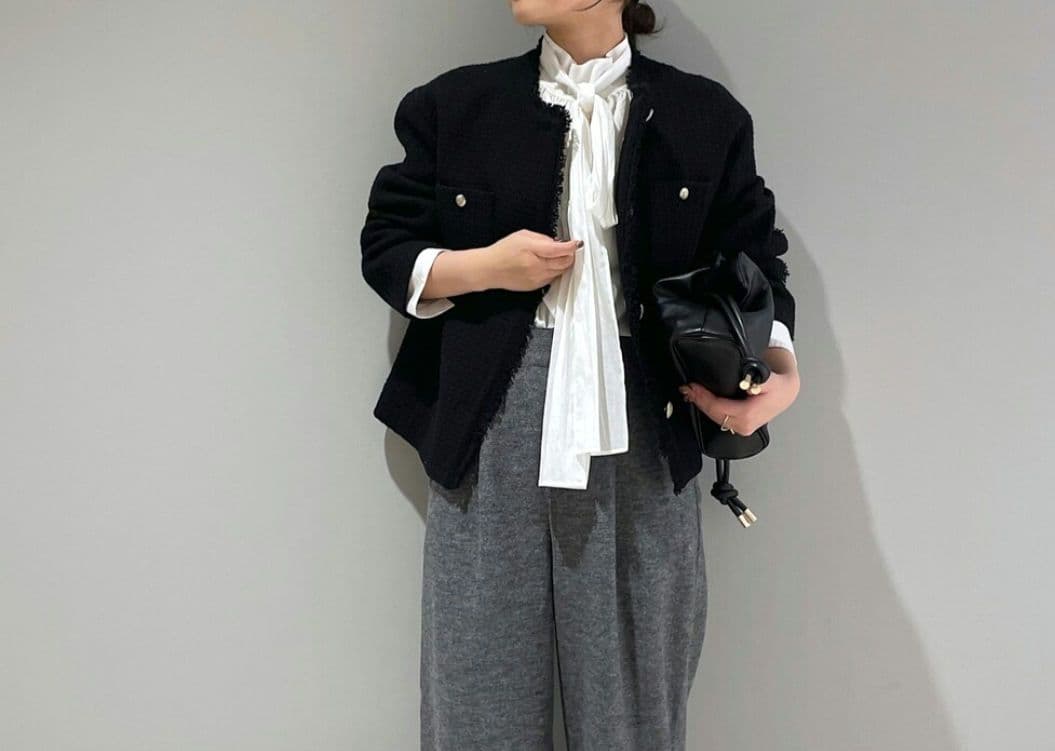 美品 定価3万 バンヤードストーム ノーカラージャケット 黒 ツイード ゆったり