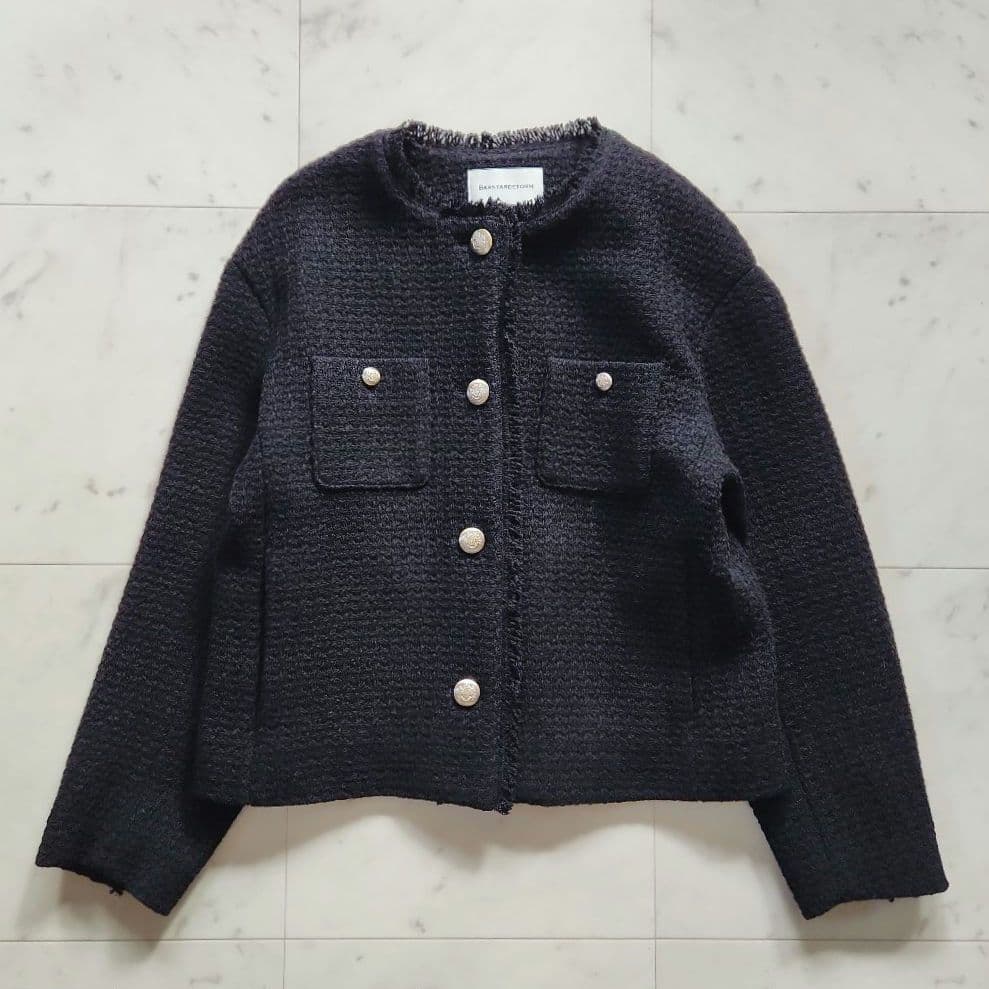 美品 定価3万 バンヤードストーム ノーカラージャケット 黒 ツイード ゆったり