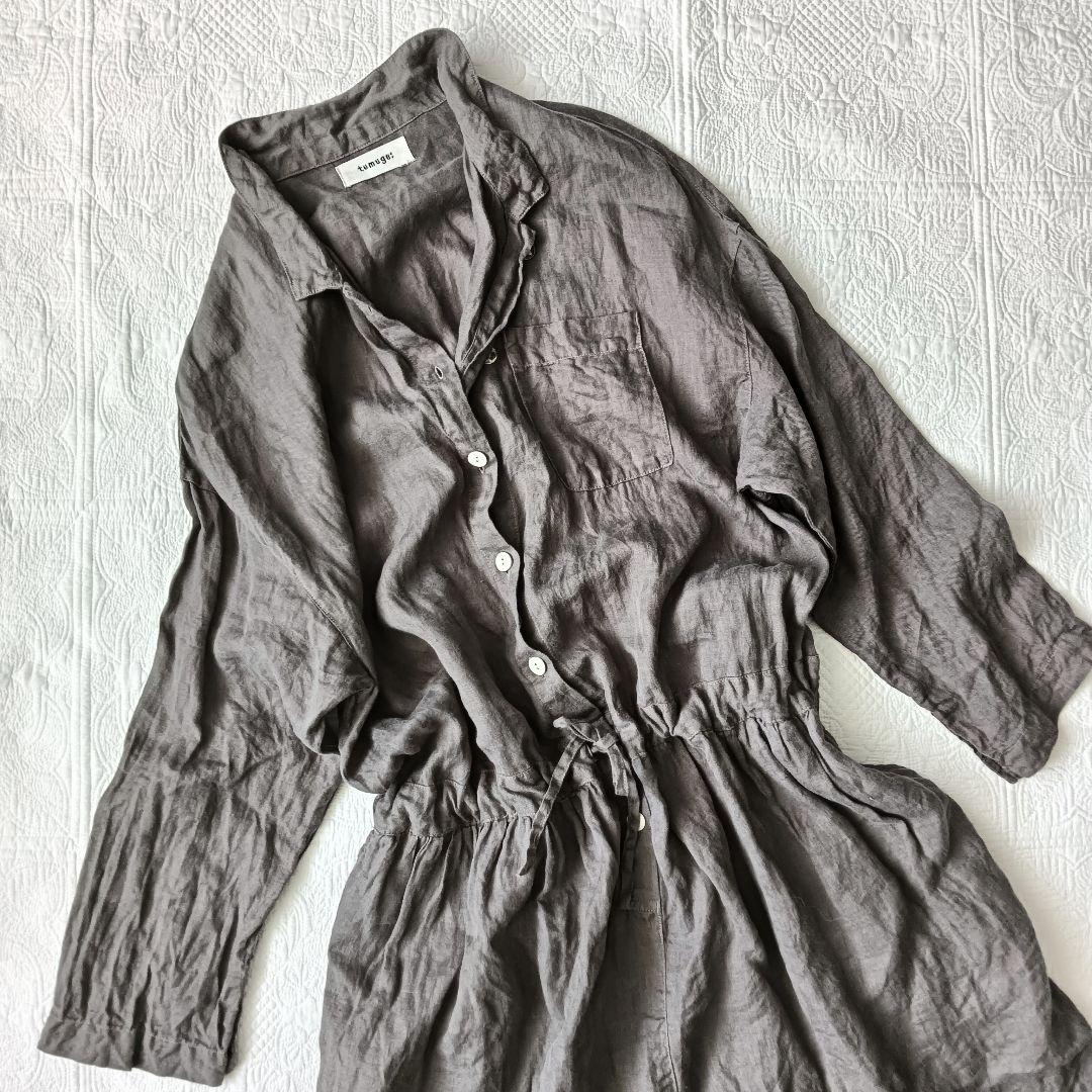 tumuguオールインワン リネン100% ダークグレー ナチュラル ゆったり