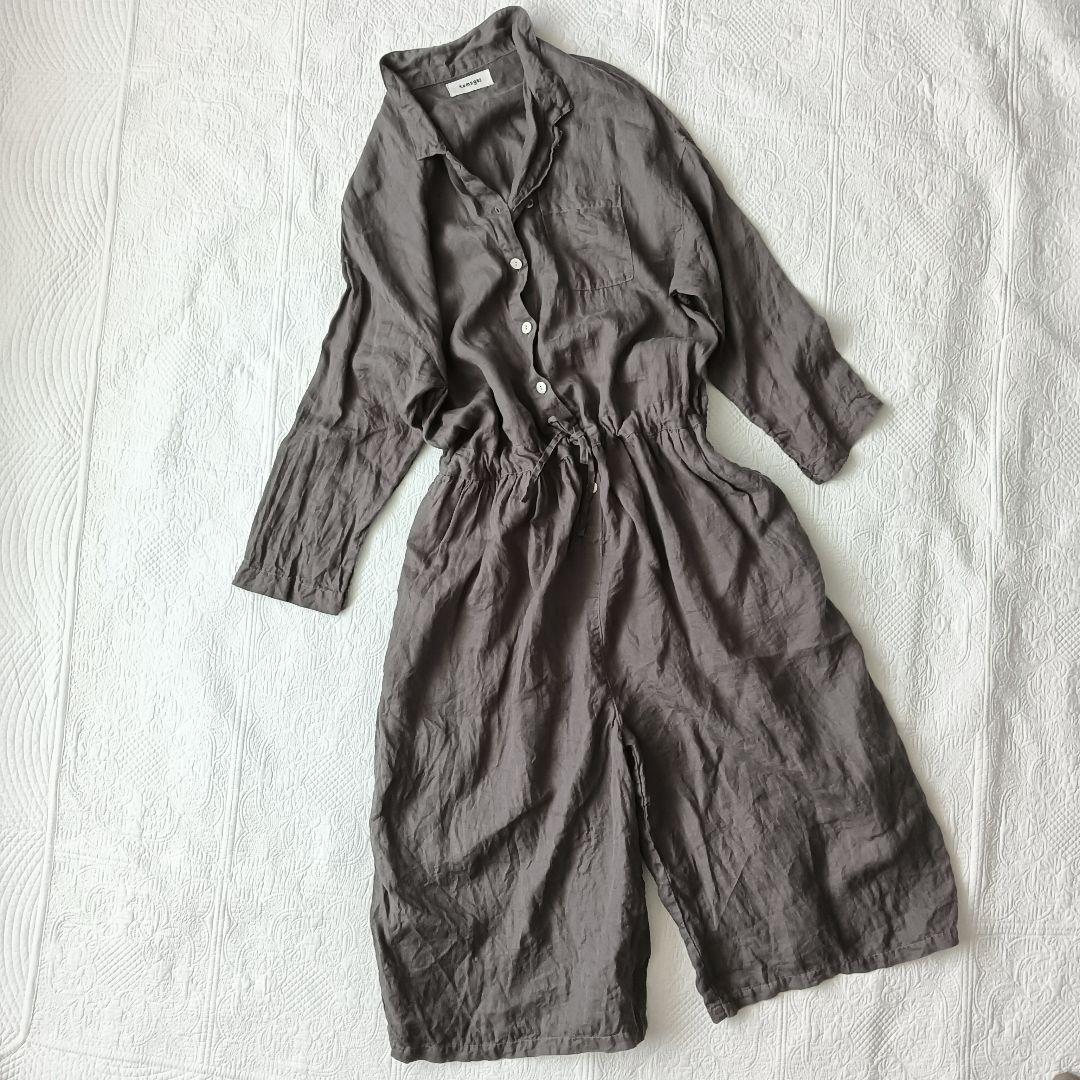 tumuguオールインワン リネン100% ダークグレー ナチュラル ゆったり