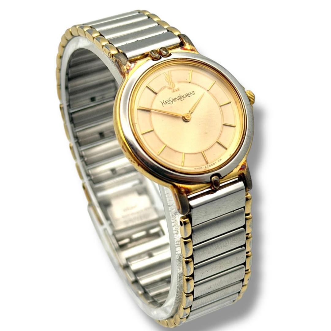 稼働 サンローラン 腕時計 ラウンド コンビ クォーツ シルバー ゴールド 2針