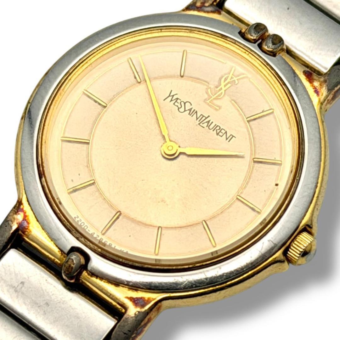 稼働 サンローラン 腕時計 ラウンド コンビ クォーツ シルバー ゴールド 2針