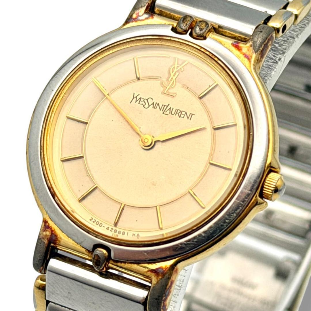 稼働 サンローラン 腕時計 ラウンド コンビ クォーツ シルバー ゴールド 2針