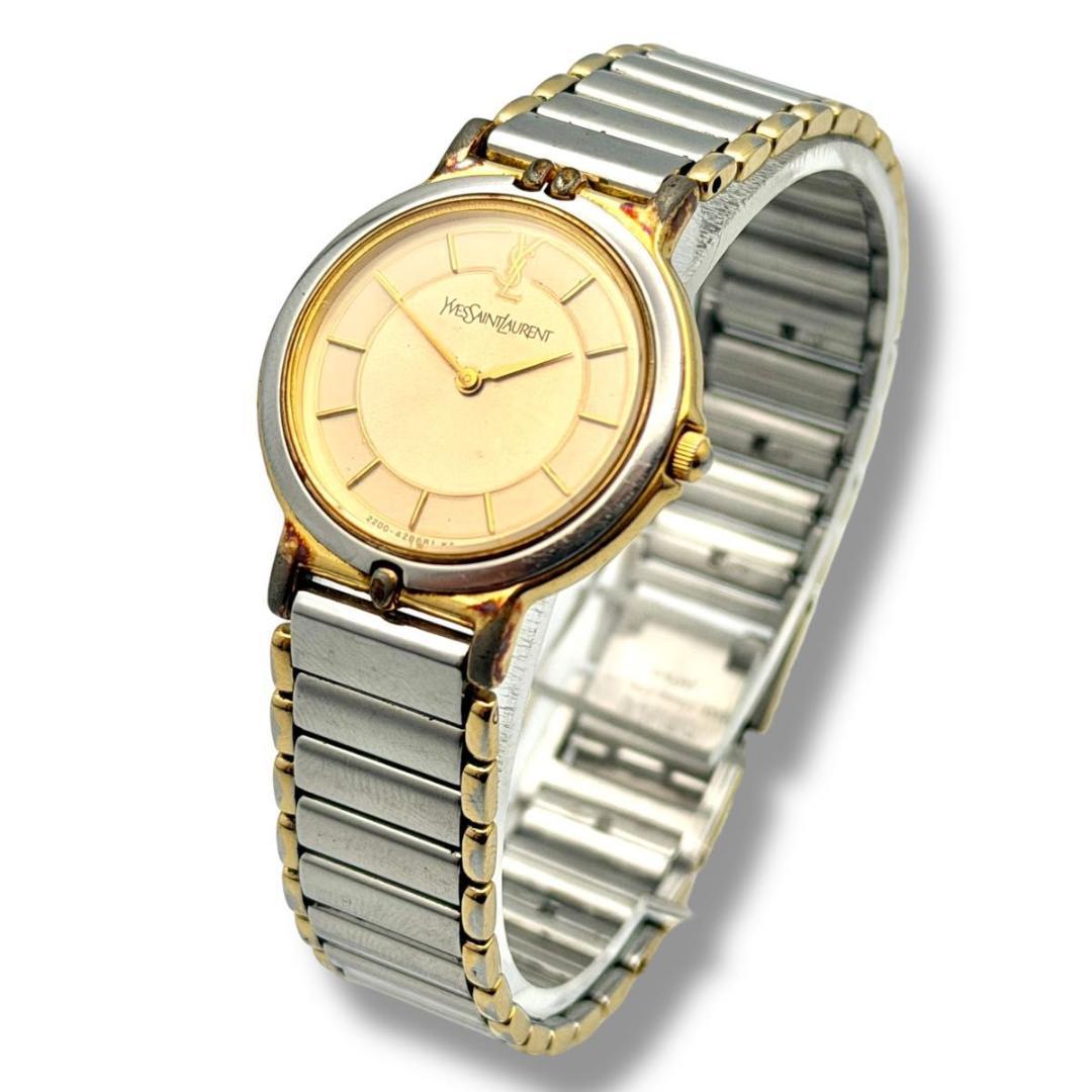 稼働 サンローラン 腕時計 ラウンド コンビ クォーツ シルバー ゴールド 2針