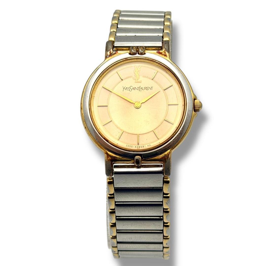 稼働 サンローラン 腕時計 ラウンド コンビ クォーツ シルバー ゴールド 2針