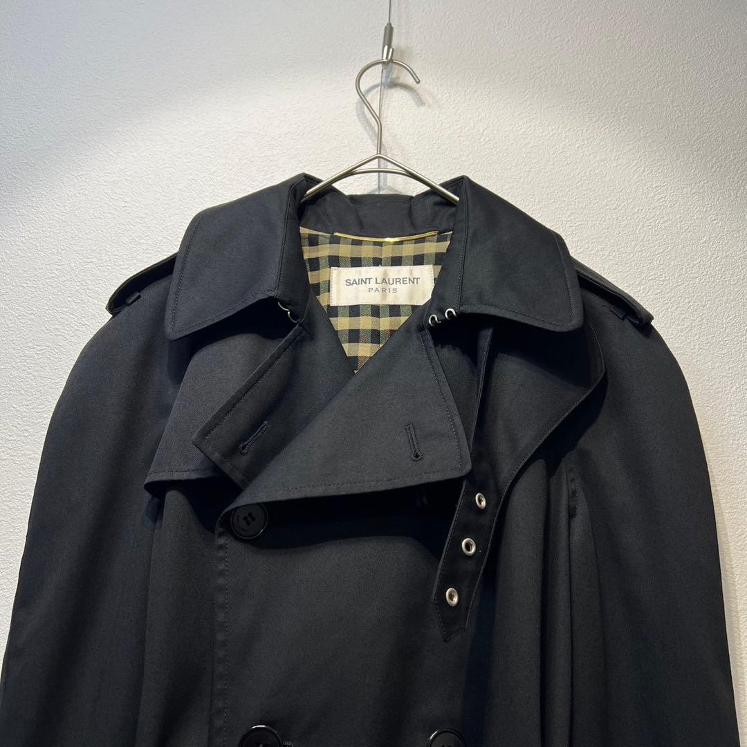 希少 美品 サンローランパリ エディ期 ウール チェック シルク トレンチコート