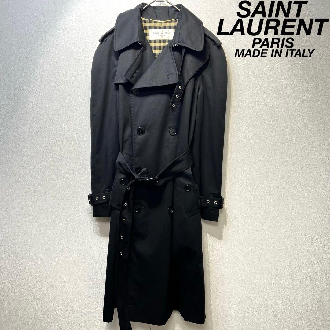 希少 美品 サンローランパリ エディ期 ウール チェック シルク トレンチコート