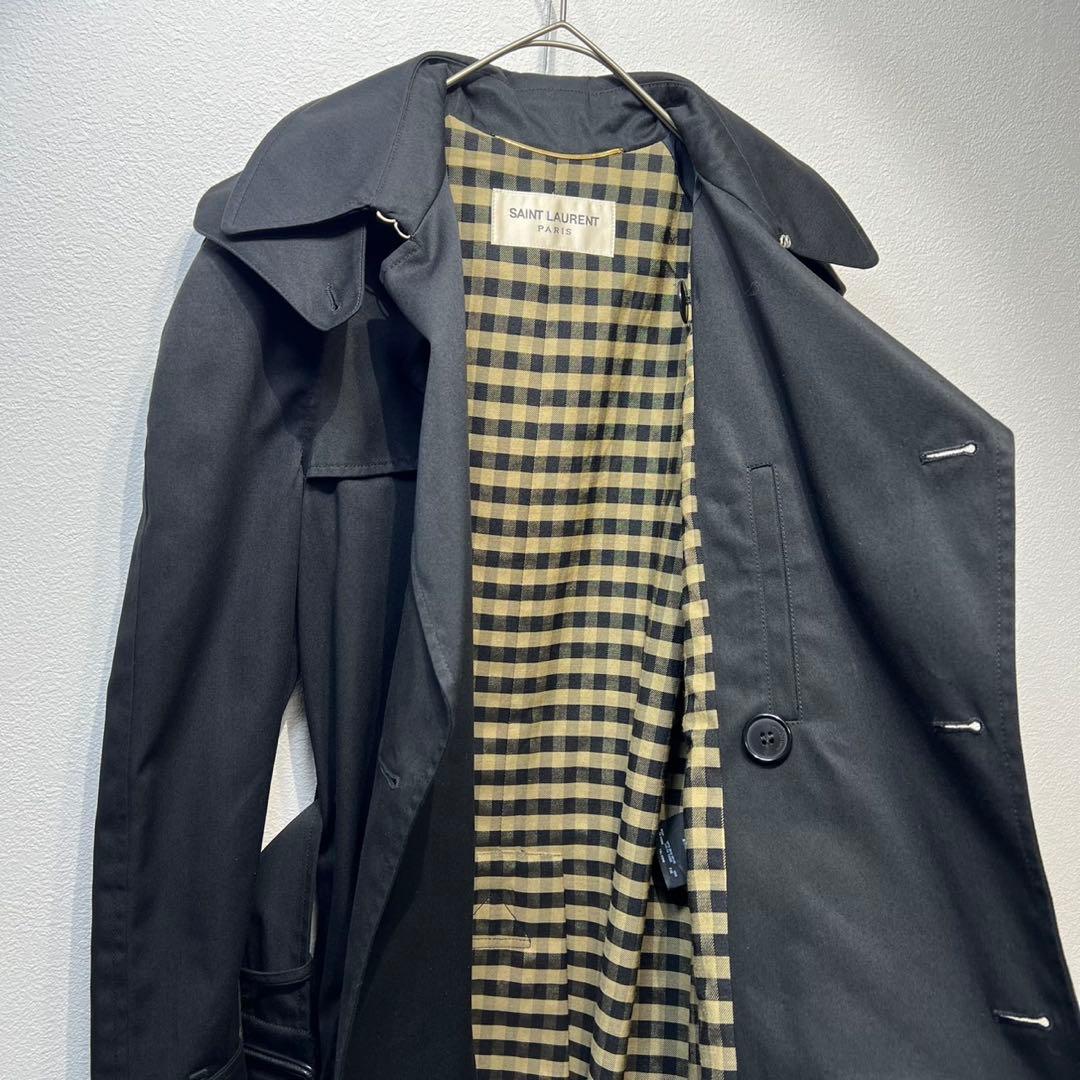希少 美品 サンローランパリ エディ期 ウール チェック シルク トレンチコート