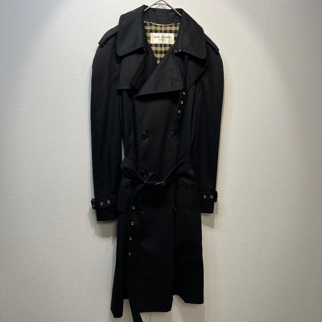 希少 美品 サンローランパリ エディ期 ウール チェック シルク トレンチコート