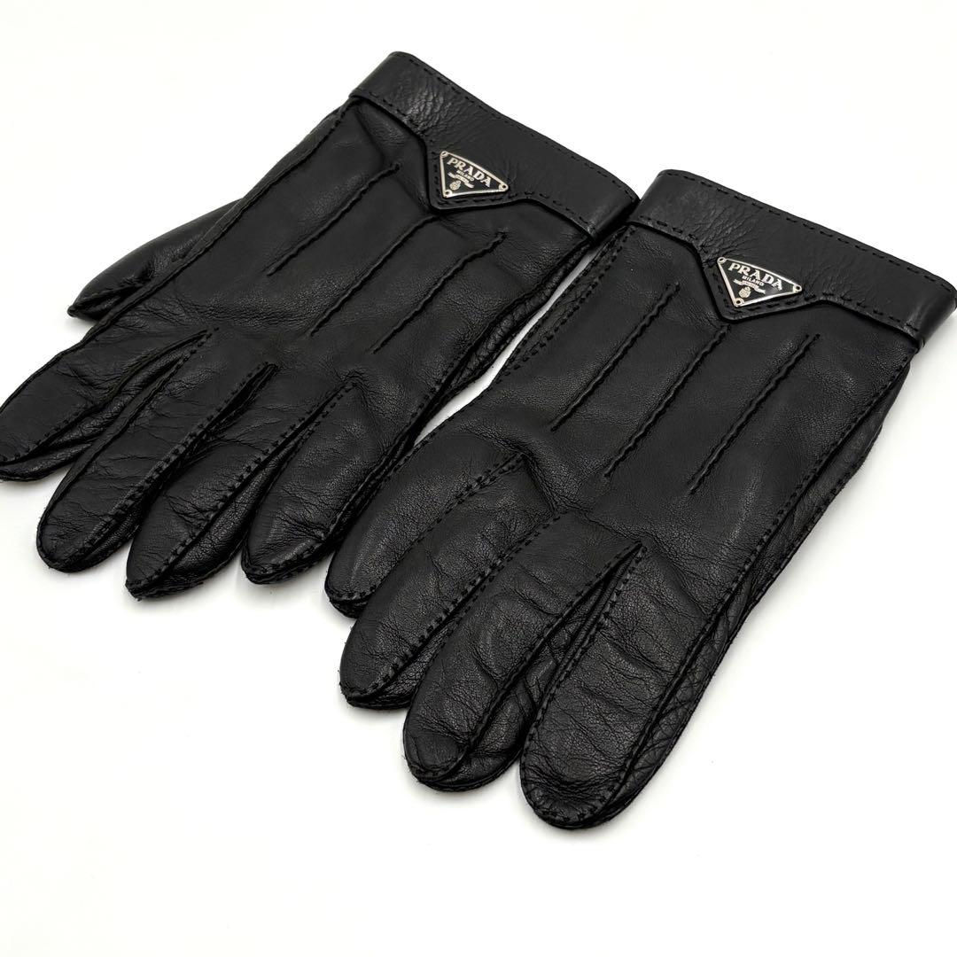 美品✨PRADA プラダ　レザー　グローブ 手袋　カシミヤ　黒　三角ロゴプレート