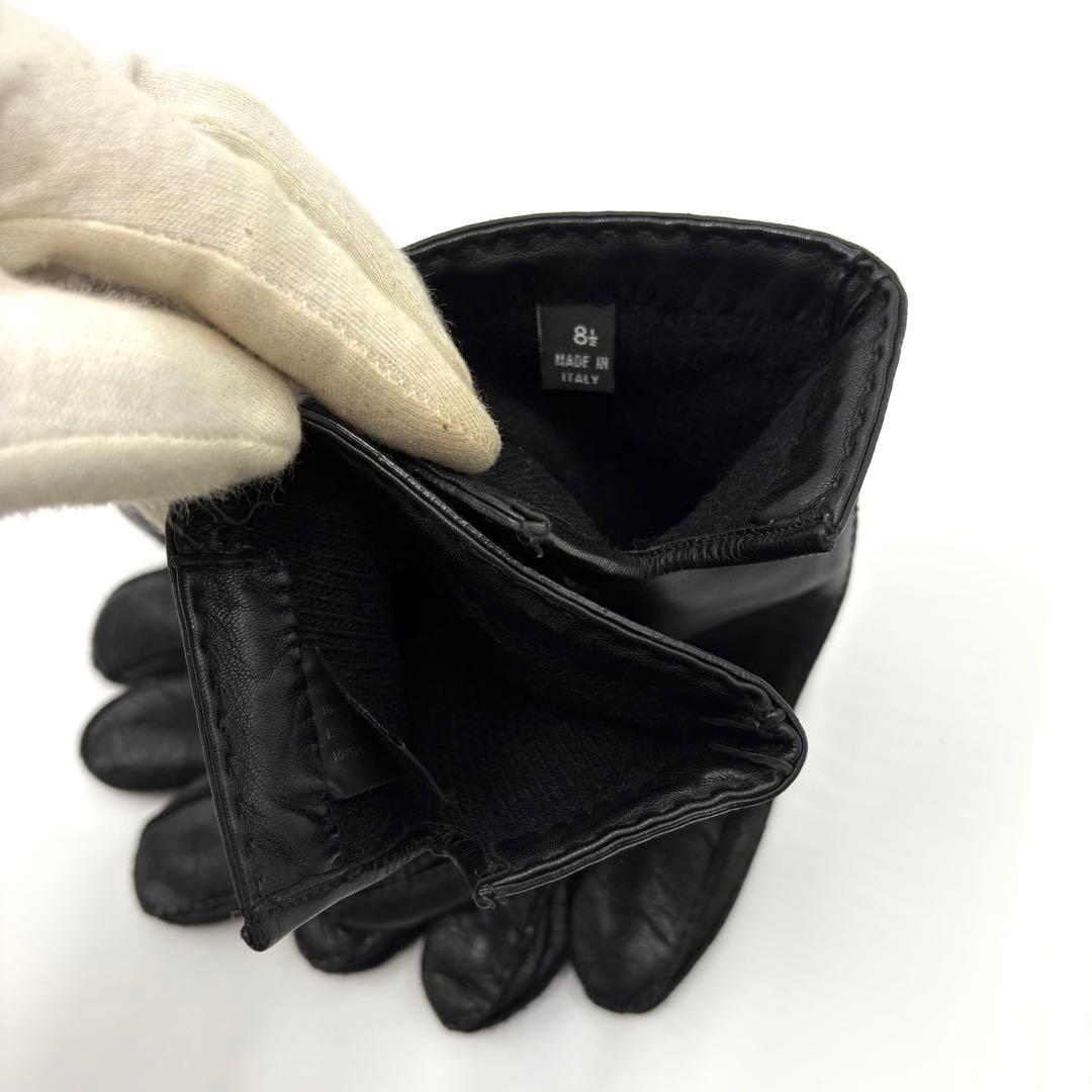 美品✨PRADA プラダ　レザー　グローブ 手袋　カシミヤ　黒　三角ロゴプレート