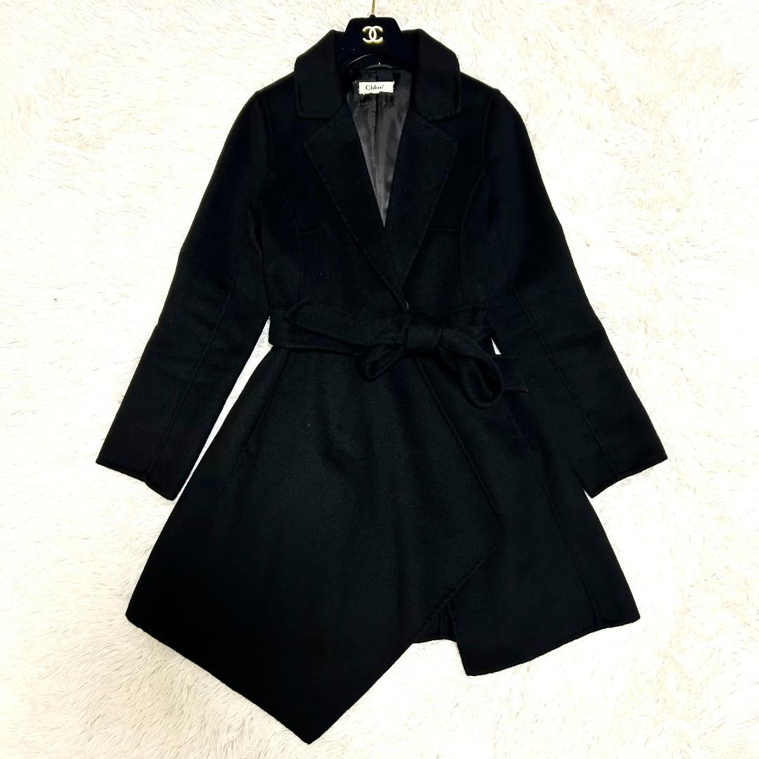 クロエ　コート　カシミヤ混　アシンメトリー　L　黒　トレンチコート　レディース