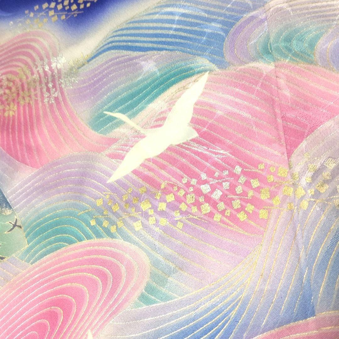 SALE☆正絹 作家物 桔梗になないろ鶴 振袖リメイク羽袖ドレス*