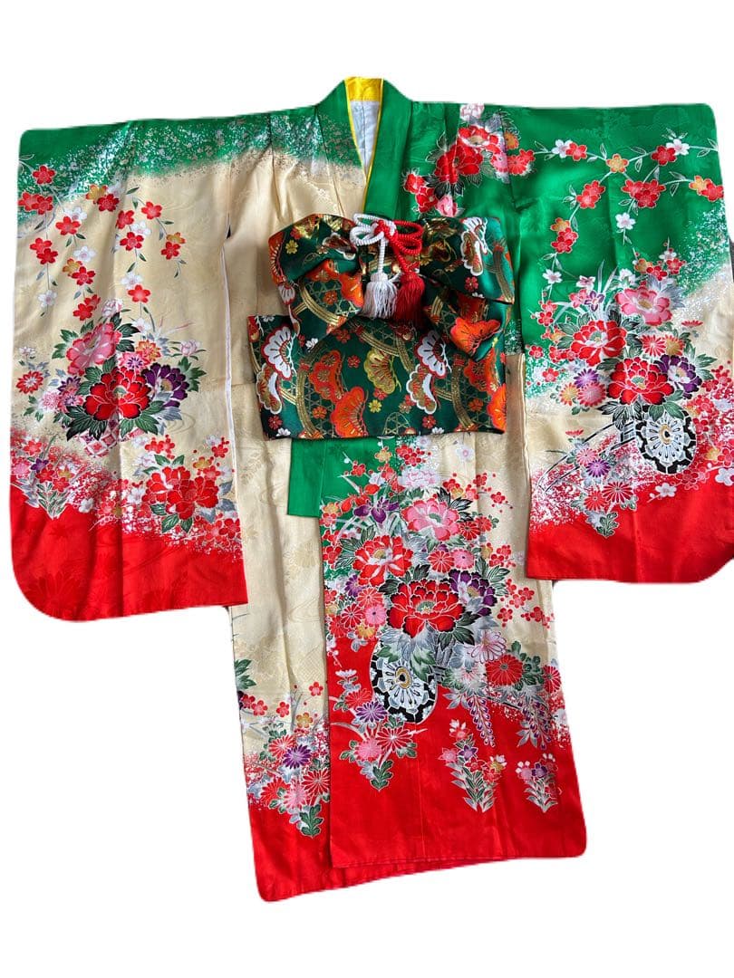 七五三　着物 緑　正絹　7歳　フルセット