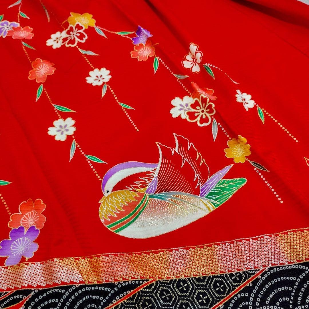 七五三 6歳 7歳 正絹 着物 帯 バッグ 草履 小物セット 赤 古典柄