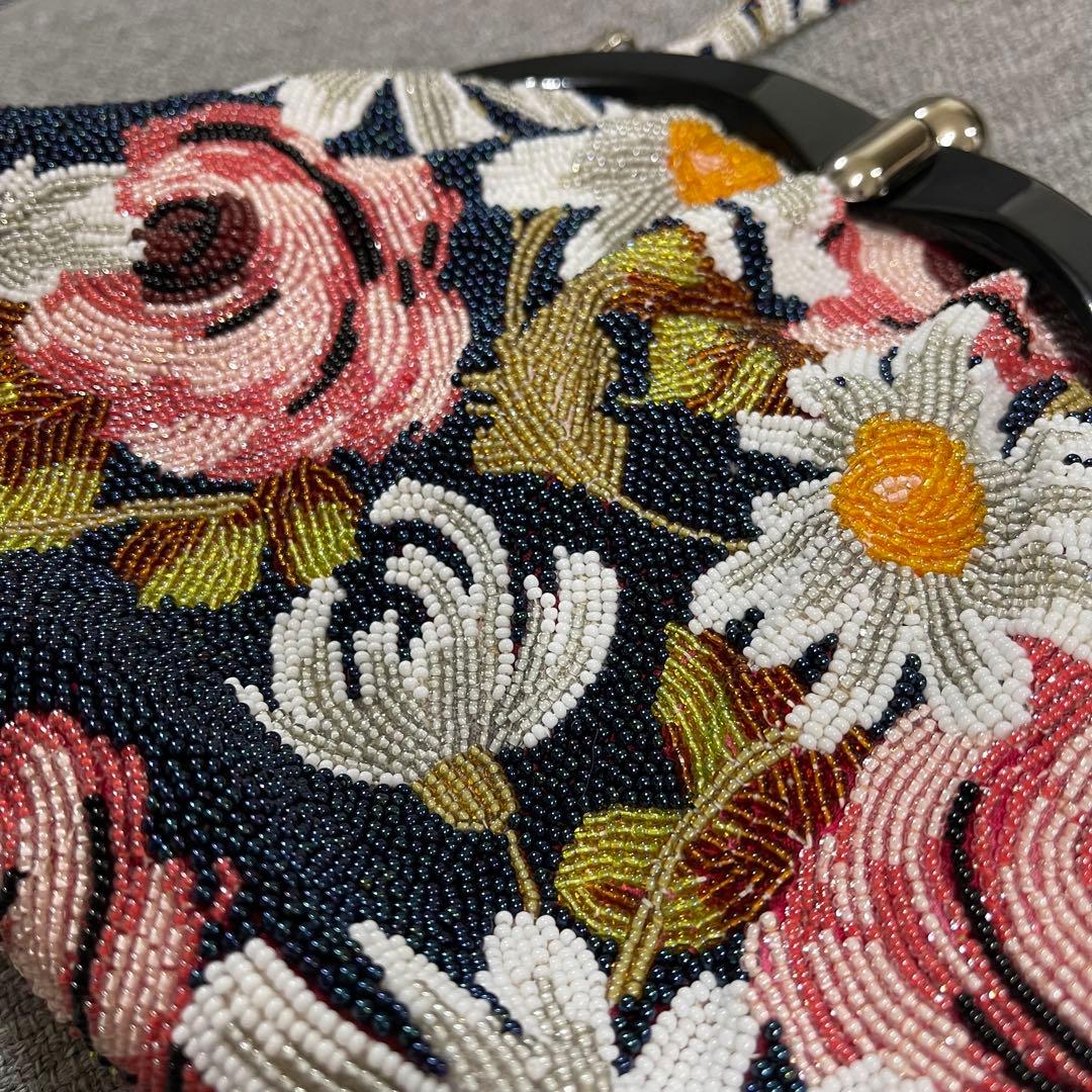 総ビーズ　ハンドバッグ 花柄　ビーズ刺繍 和装 がま口