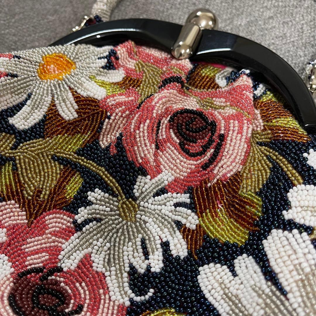 総ビーズ　ハンドバッグ 花柄　ビーズ刺繍 和装 がま口