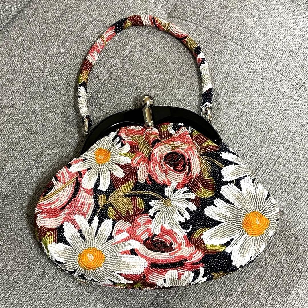 総ビーズ　ハンドバッグ 花柄　ビーズ刺繍 和装 がま口