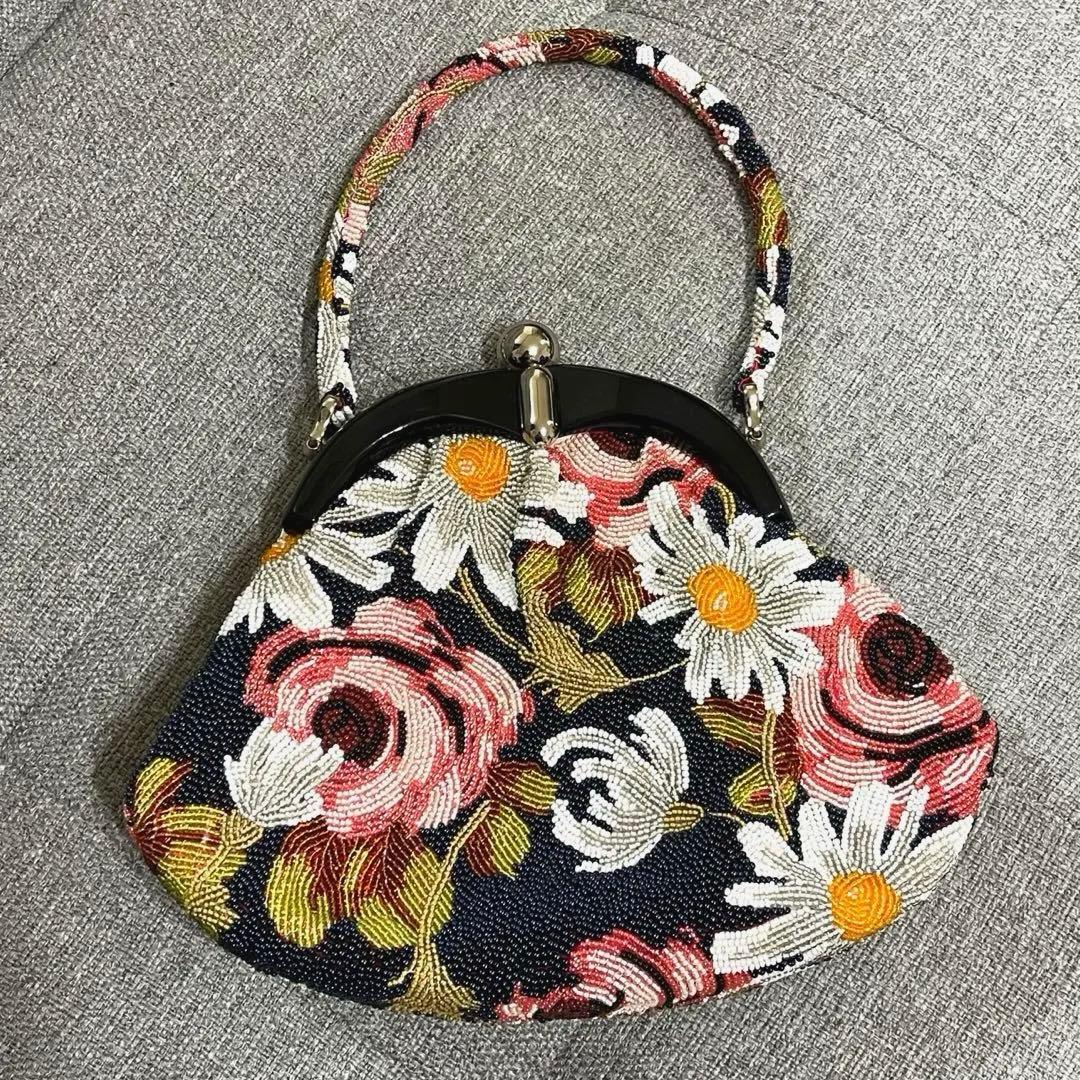 総ビーズ　ハンドバッグ 花柄　ビーズ刺繍 和装 がま口