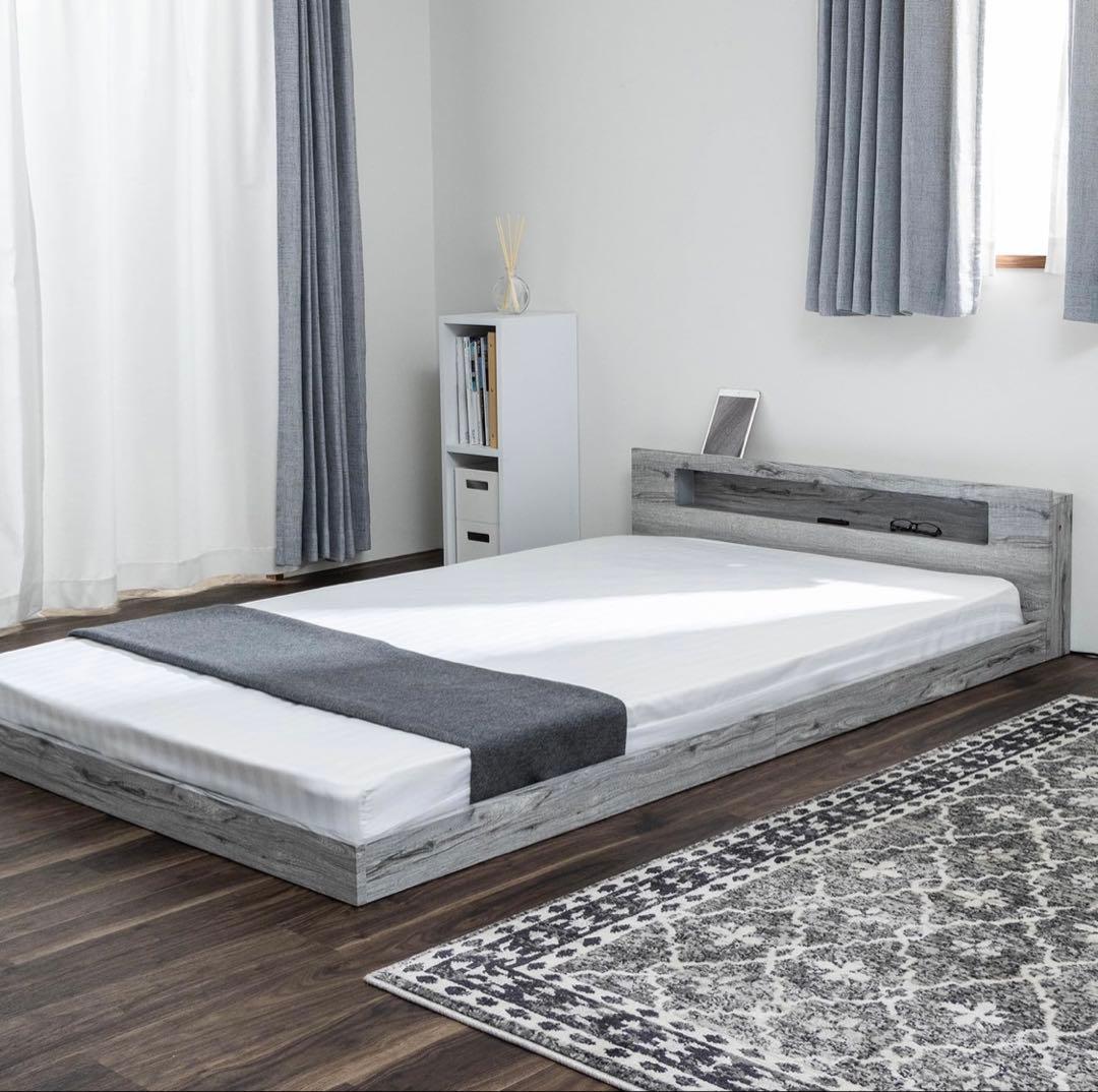 コンセント照明付きベッドフレーム セミダブル グレー ローベッド 組立説明書付き