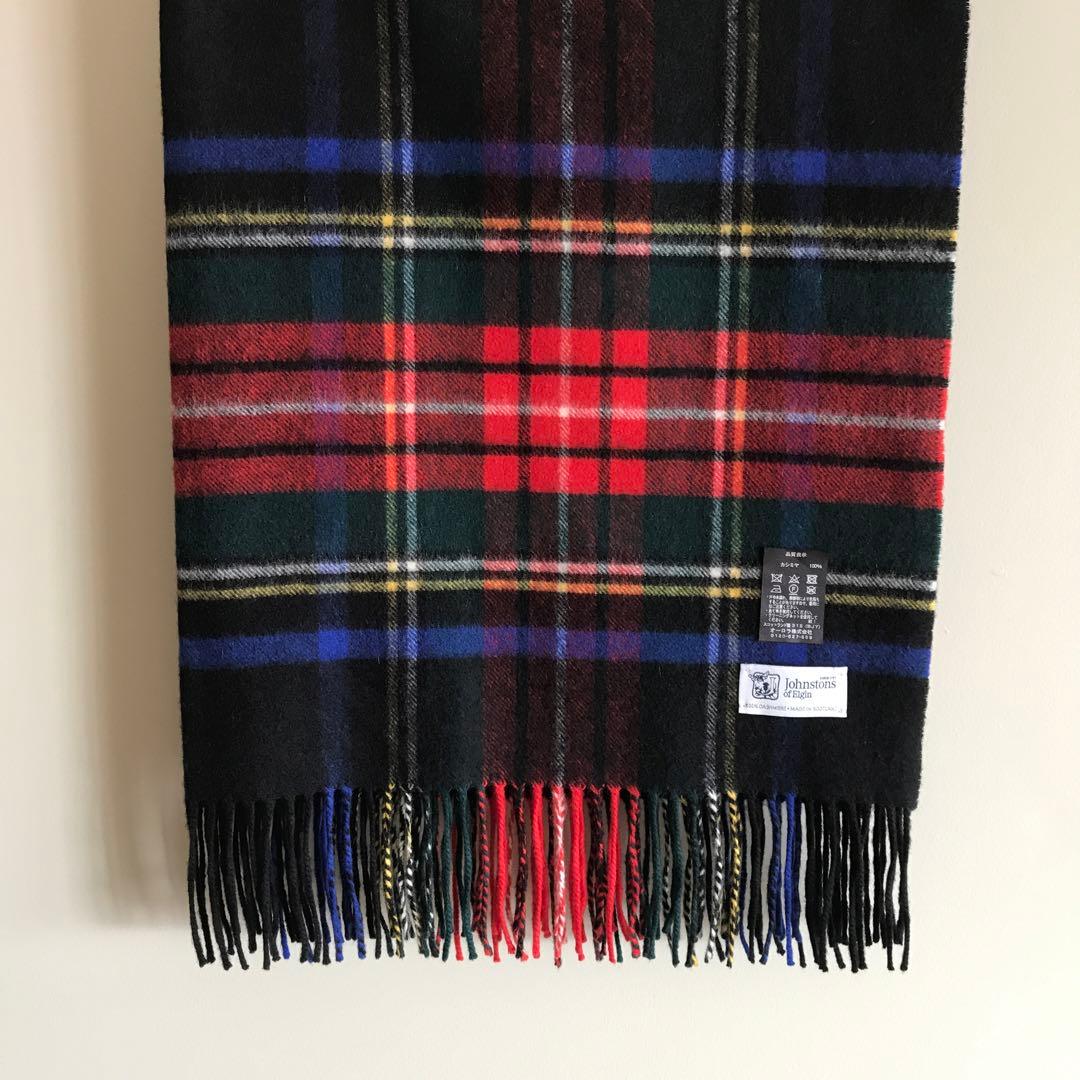 ジョンストンズ 大判ストール　ブラックスチュワート　カシミヤ100%