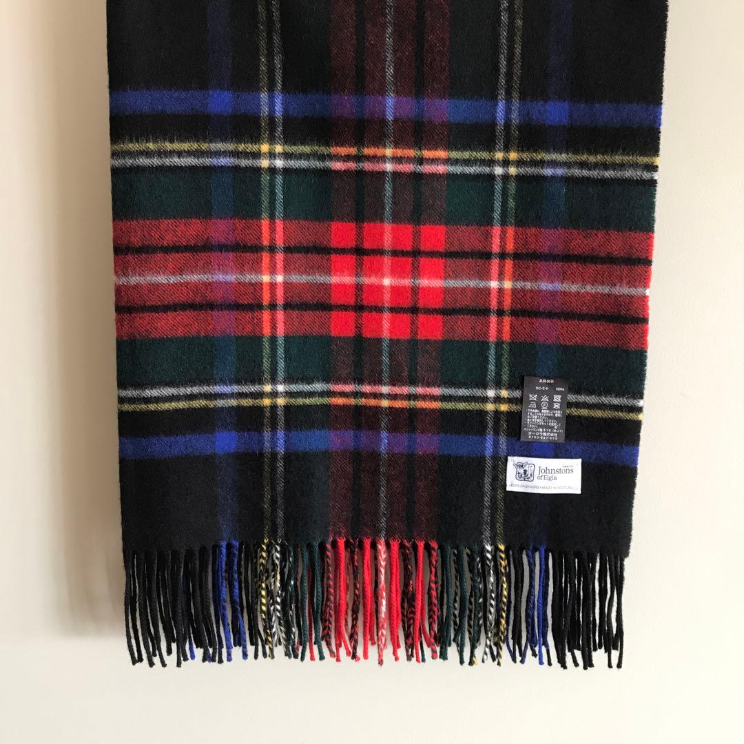 ジョンストンズ 大判ストール　ブラックスチュワート　カシミヤ100%