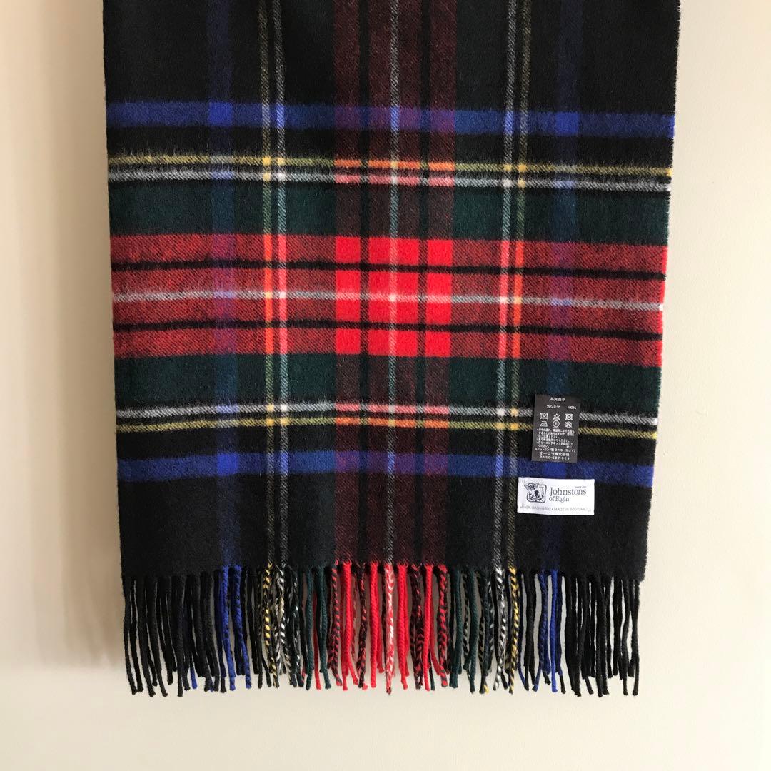 ジョンストンズ 大判ストール　ブラックスチュワート　カシミヤ100%
