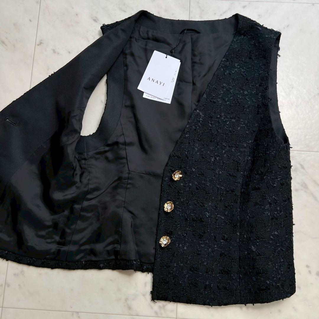 タグ付 ANAYI ミックスヤーンツイードショートジレ ブラック 36