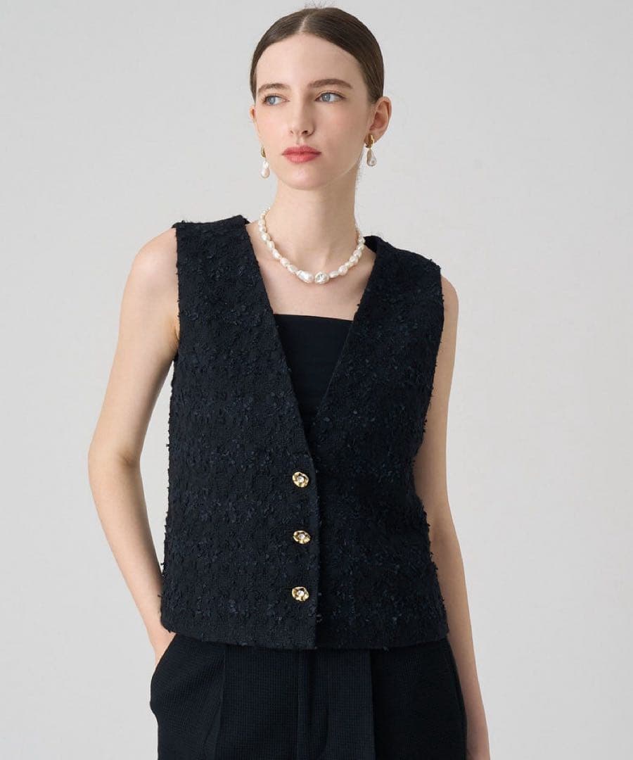 タグ付 ANAYI ミックスヤーンツイードショートジレ ブラック 36