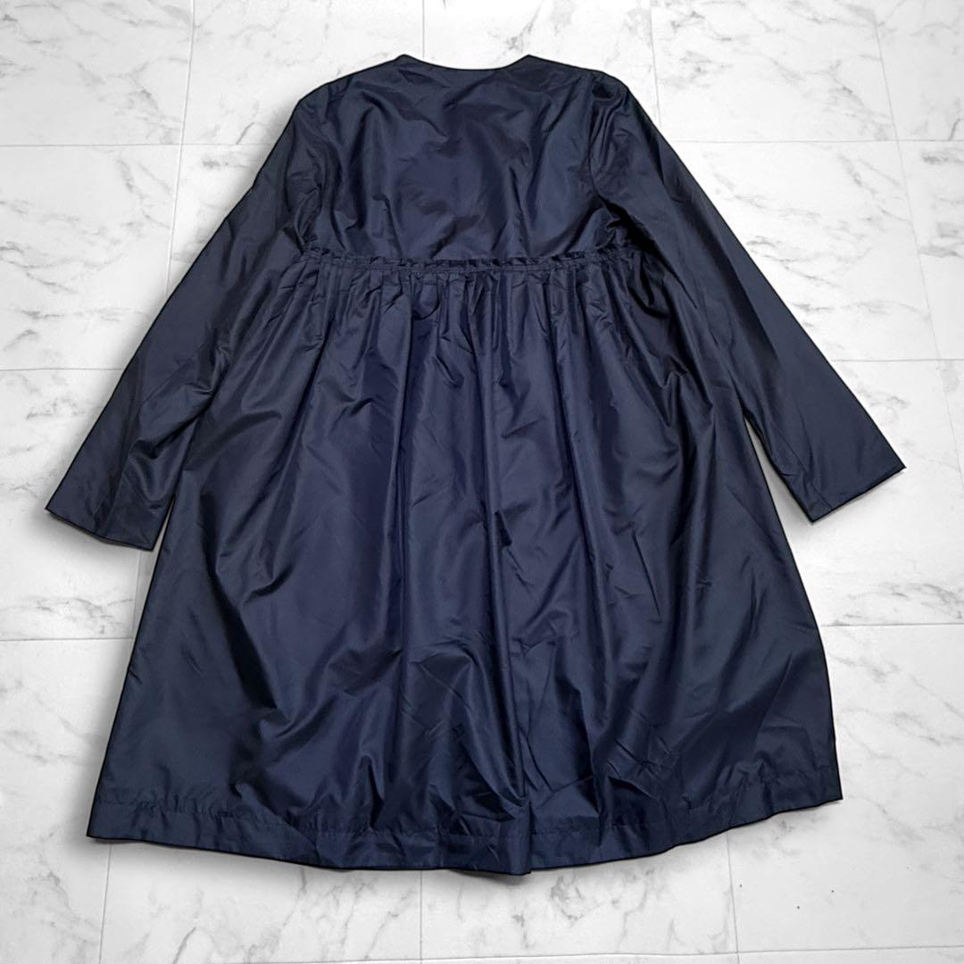 ヨーコチャン ナイロンコート タック ギャザー ネイビー ノーカラー 軽量
