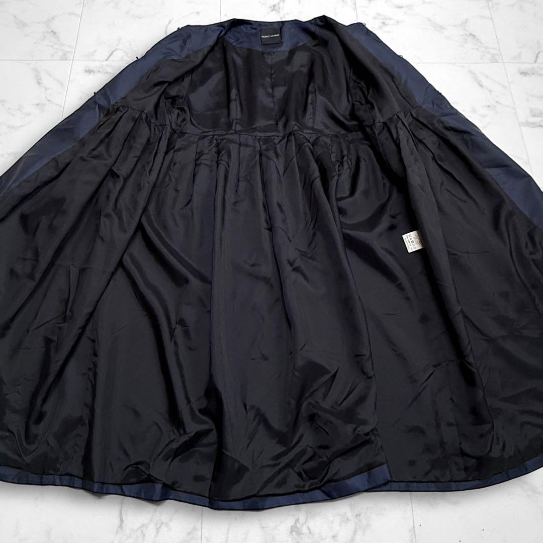 ヨーコチャン ナイロンコート タック ギャザー ネイビー ノーカラー 軽量