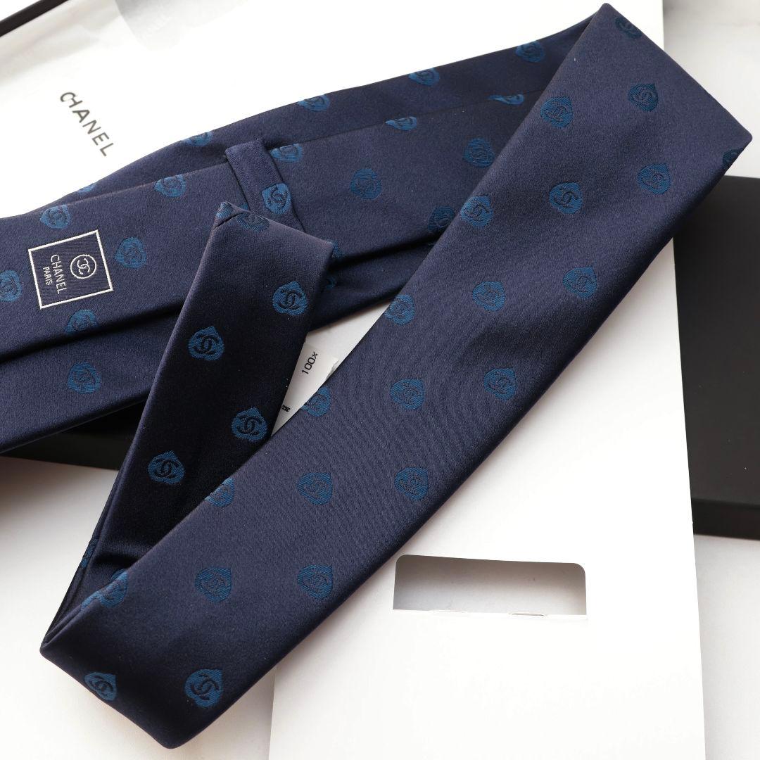 未使用 シャネル CHANEL ネイビー ロゴパターン ネクタイ