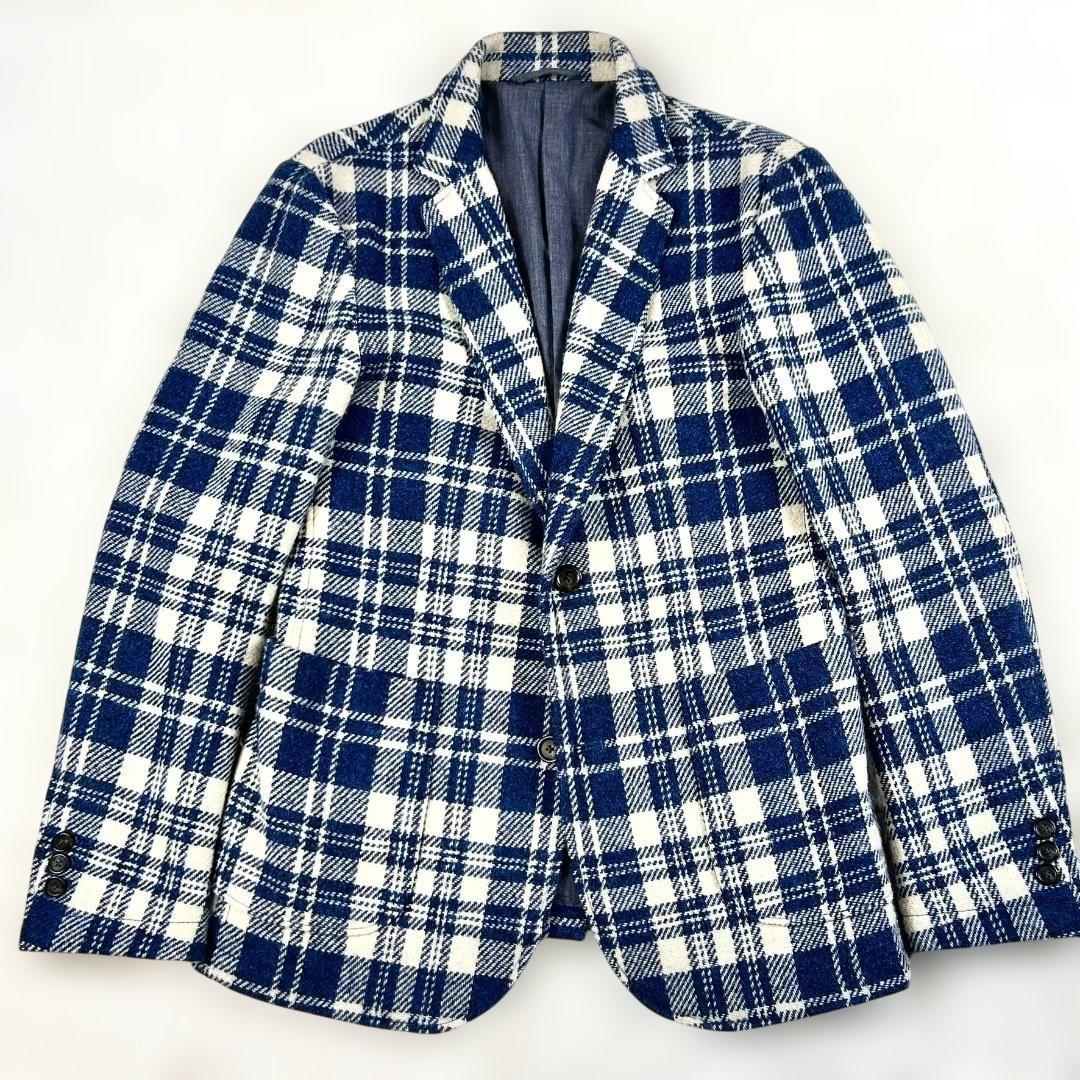 ハリスツイード テーラードジャケット チェック M ネイビー 白 本切羽 ウール