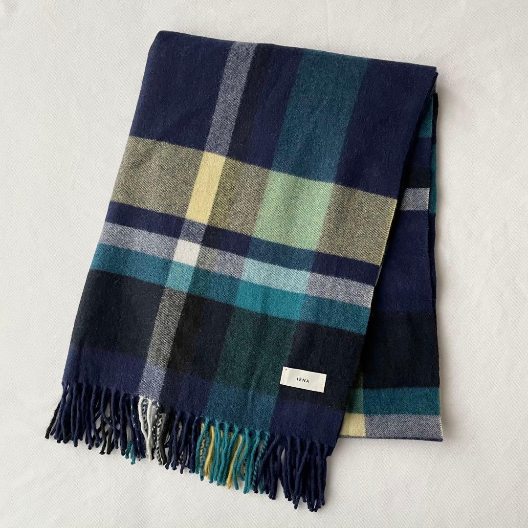 美品！IENAカシミヤストール 大判マフラー チェック イエナ ネイビー 紺色