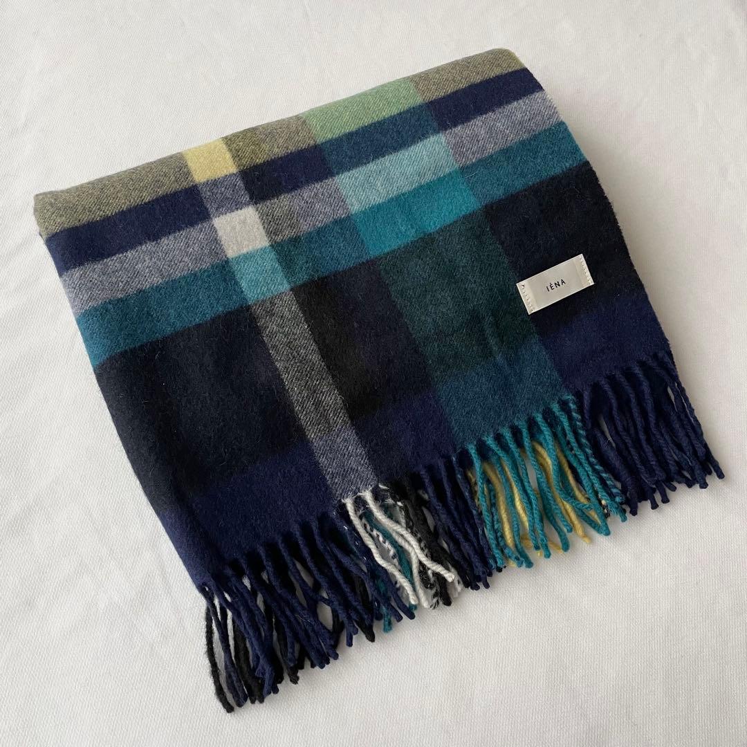 美品！IENAカシミヤストール 大判マフラー チェック イエナ ネイビー 紺色
