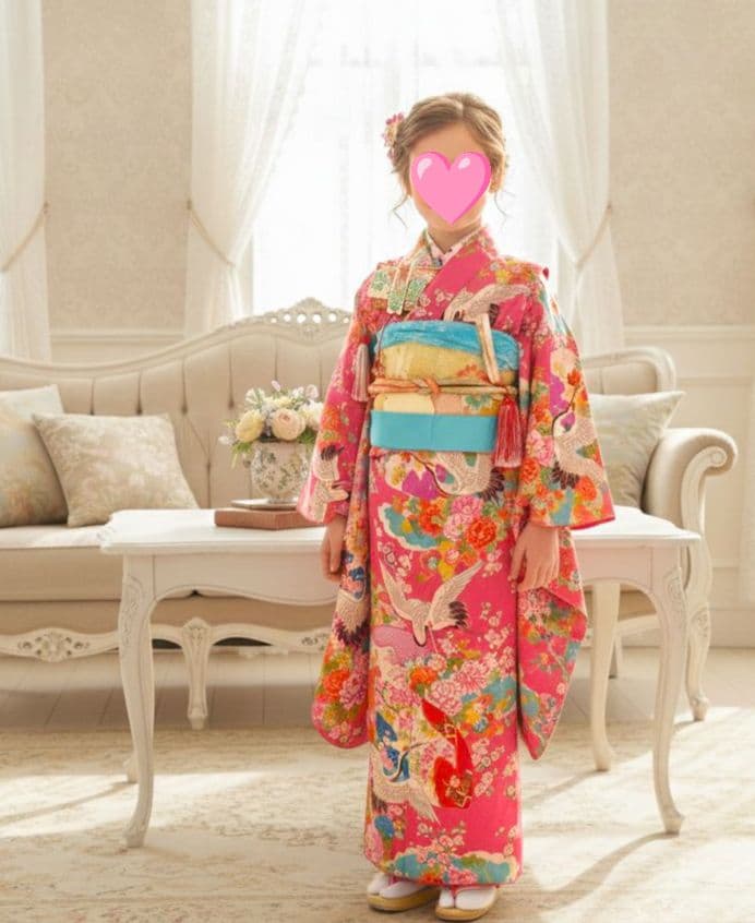 アンティークピンクに飛翔鶴の着物と作り帯☆七五三フルセット
