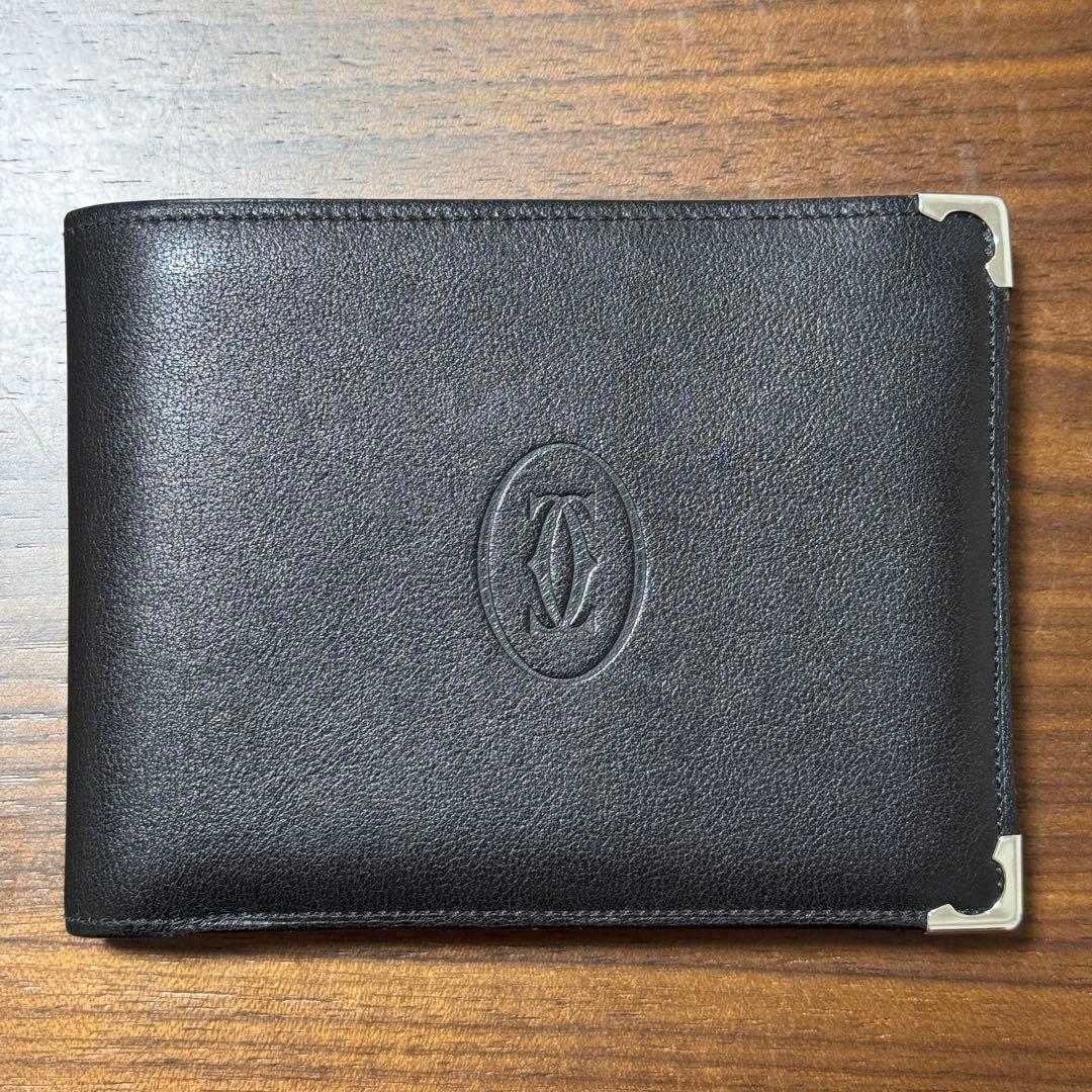 Cartier カルティエ 二つ折り財布 メンズ 黒 レザー カボションライン