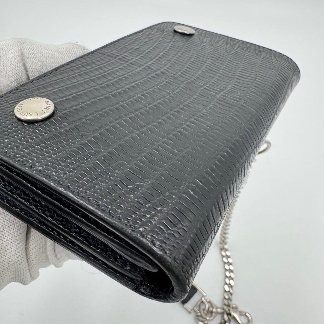 サンローラン トラッカー ウォレット チェーン レザー クロコ型押し 財布 黒