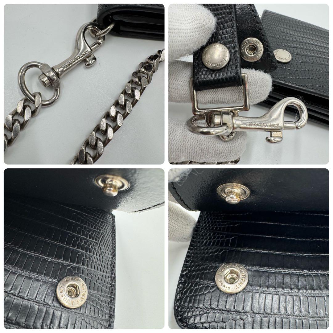 サンローラン トラッカー ウォレット チェーン レザー クロコ型押し 財布 黒