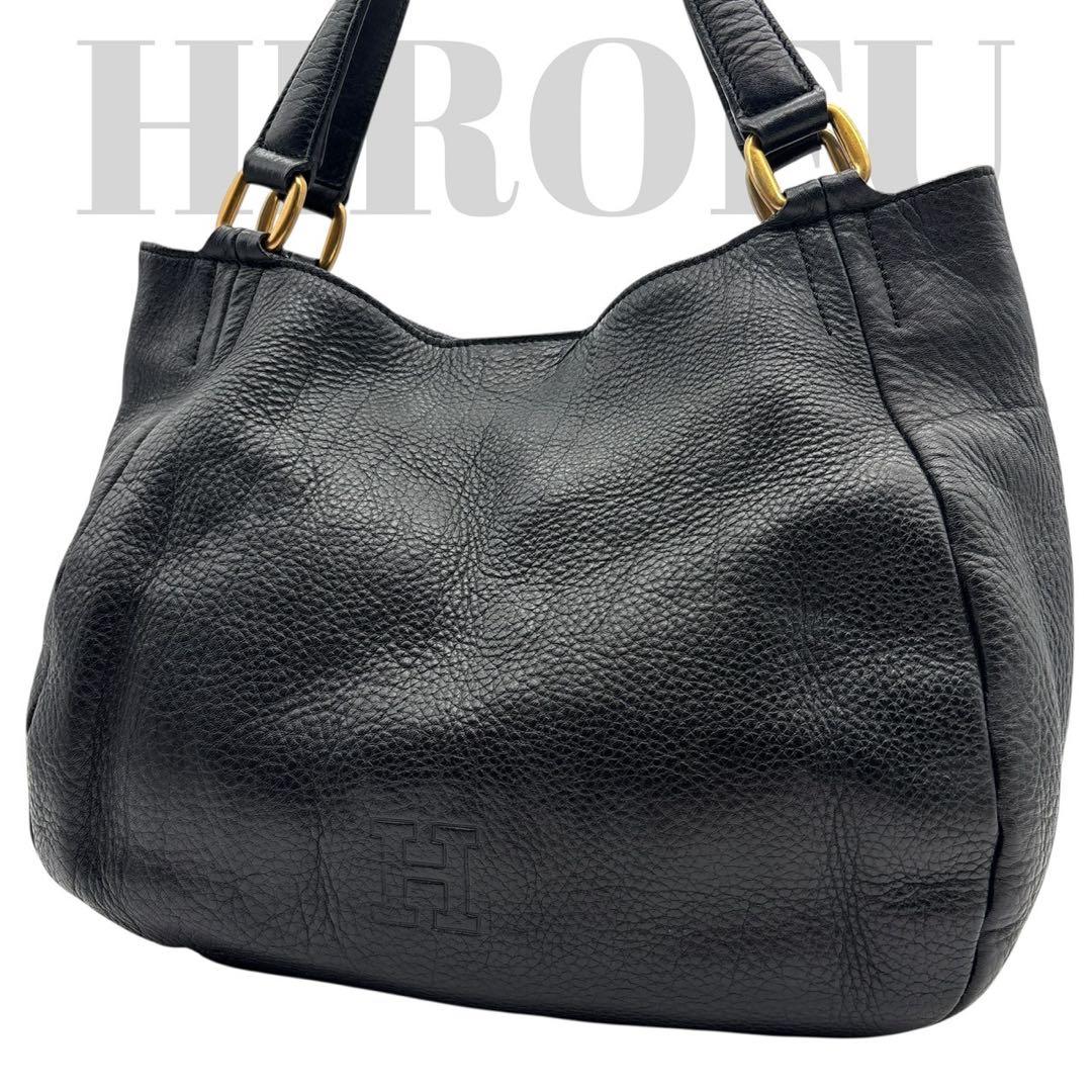 美品◎ヒロフ パフータ A4可 肩かけ可 トートバッグ ハンドバッグ シボ革 黒