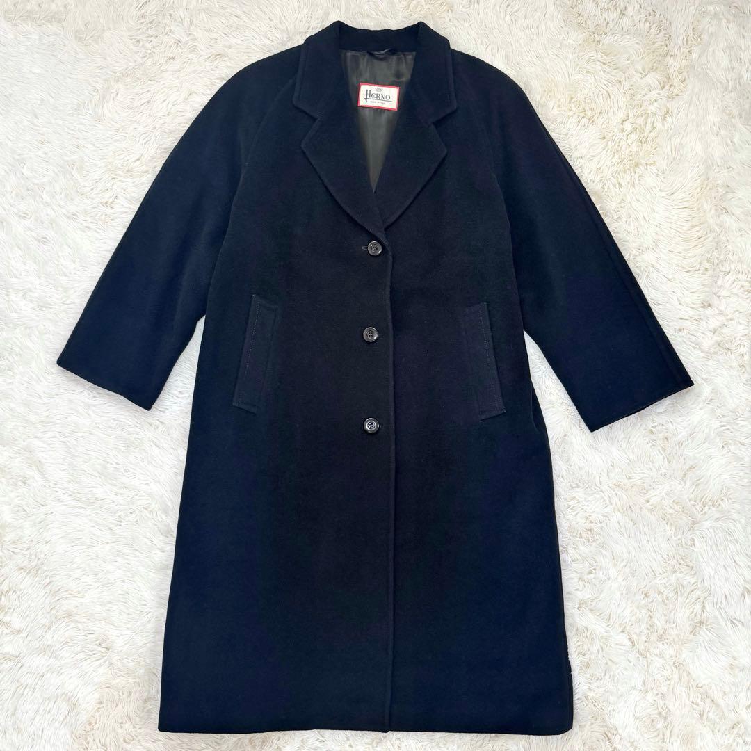 ワ*子様 HERNO ヘルノ チェスターコート ロング モヘア混 裏地スカーフ柄