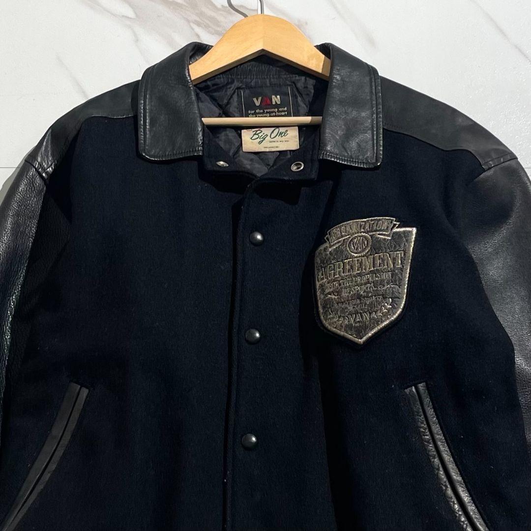 相当/希少✨ VAN JACKET スタジャン アーチロゴ 黒 牛革 ワッペン