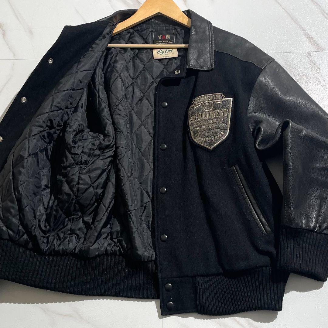 相当/希少✨ VAN JACKET スタジャン アーチロゴ 黒 牛革 ワッペン